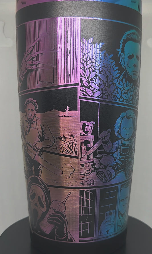 20oz Black and Rainbow Hot and Cold Tumbler.  Slasher Character Theme.